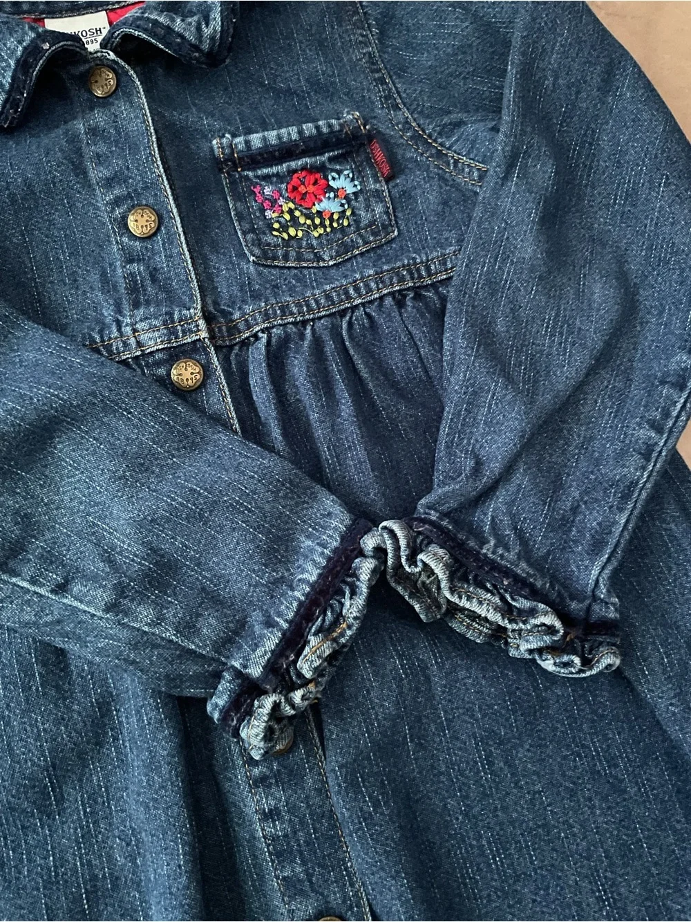 Vintage OshKosh Bgosh Girls 3t Blue Denim Floral Embroidered Ruffle Dress